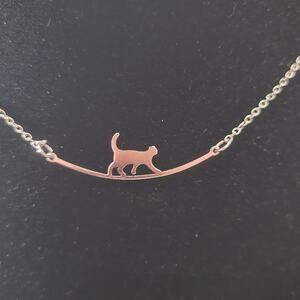 Cute cat walking silver tone minimalist necklace